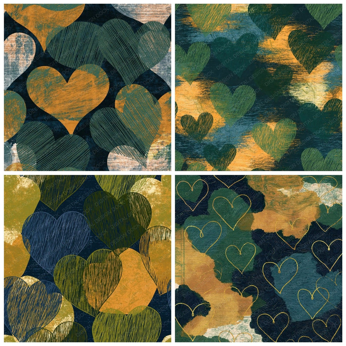Four Scratchboard Hearts Palm Ochre Abstract digital papers from the pack shown in a grid
