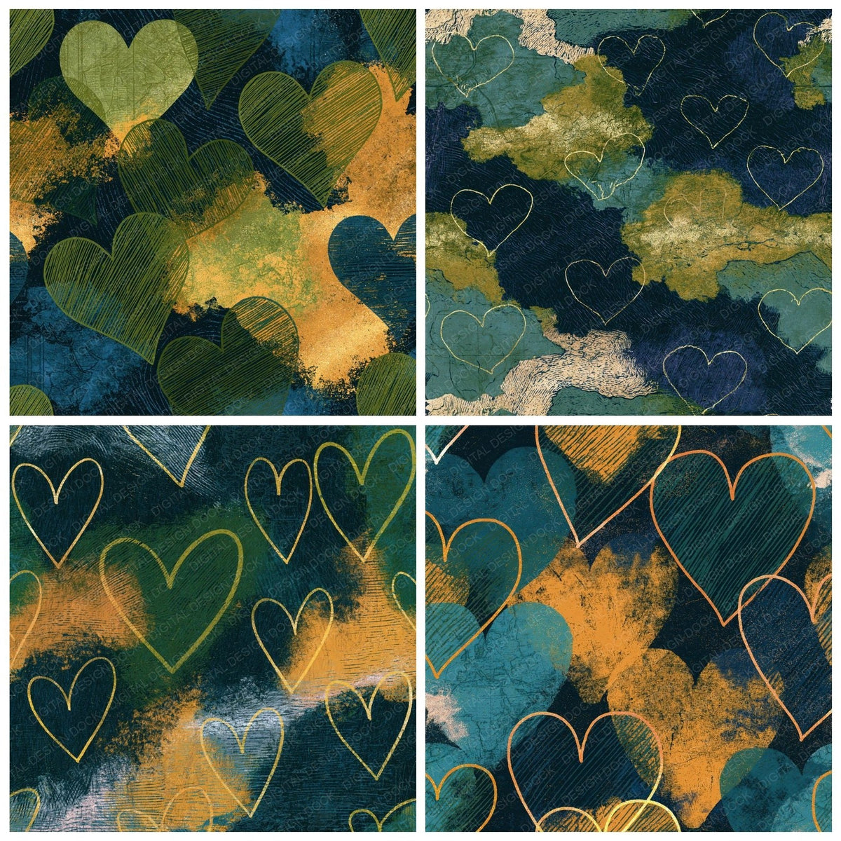 Four more Scratchboard Hearts Palm Ochre Abstract digital papers from the pack shown in a grid