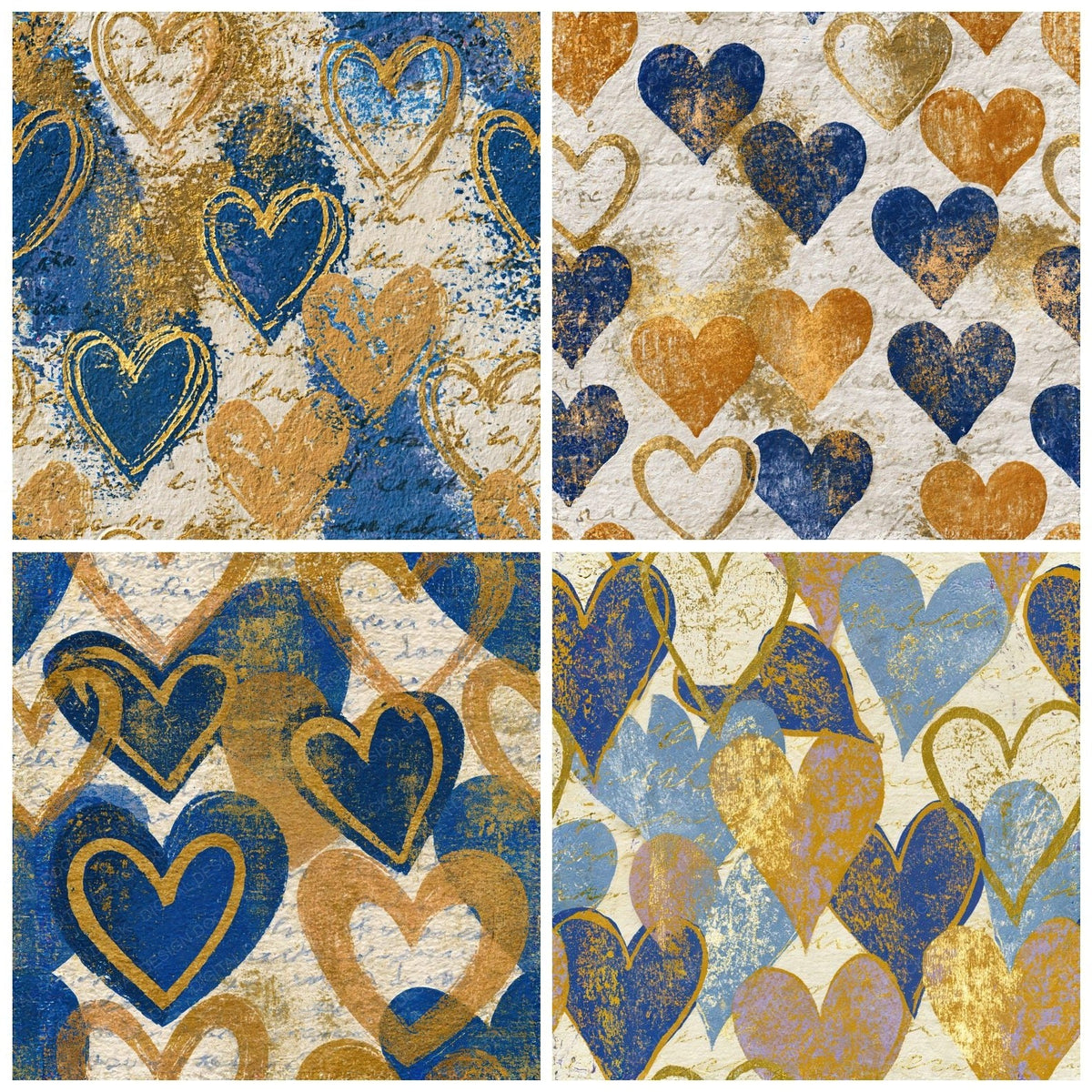 Four Woodblock Hearts Ochre Lapis Seamless digital papers from the pack shown in a grid