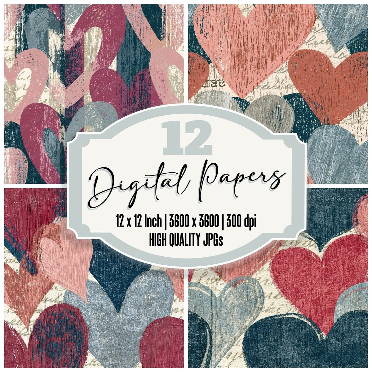 Woodcut Love Hearts Graphite Blush Seamless digital paper pack cover showing four of the 12 papers