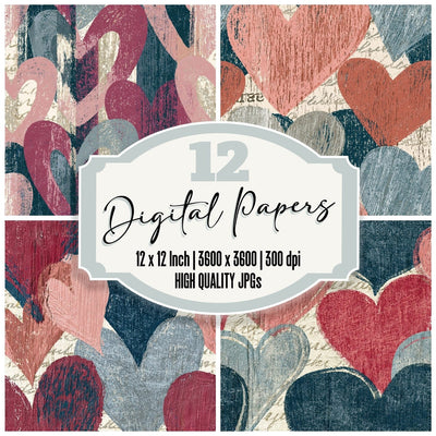 Woodcut Love Hearts Graphite Blush Seamless digital paper pack cover showing four of the 12 papers