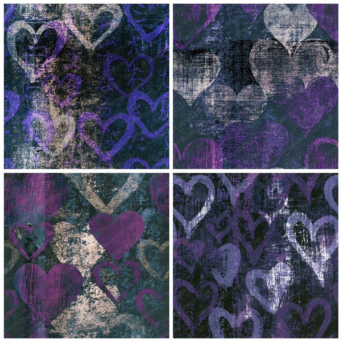 Four more Woodcut Love Hearts Purple Silver Seamless digital papers from the pack shown in a grid