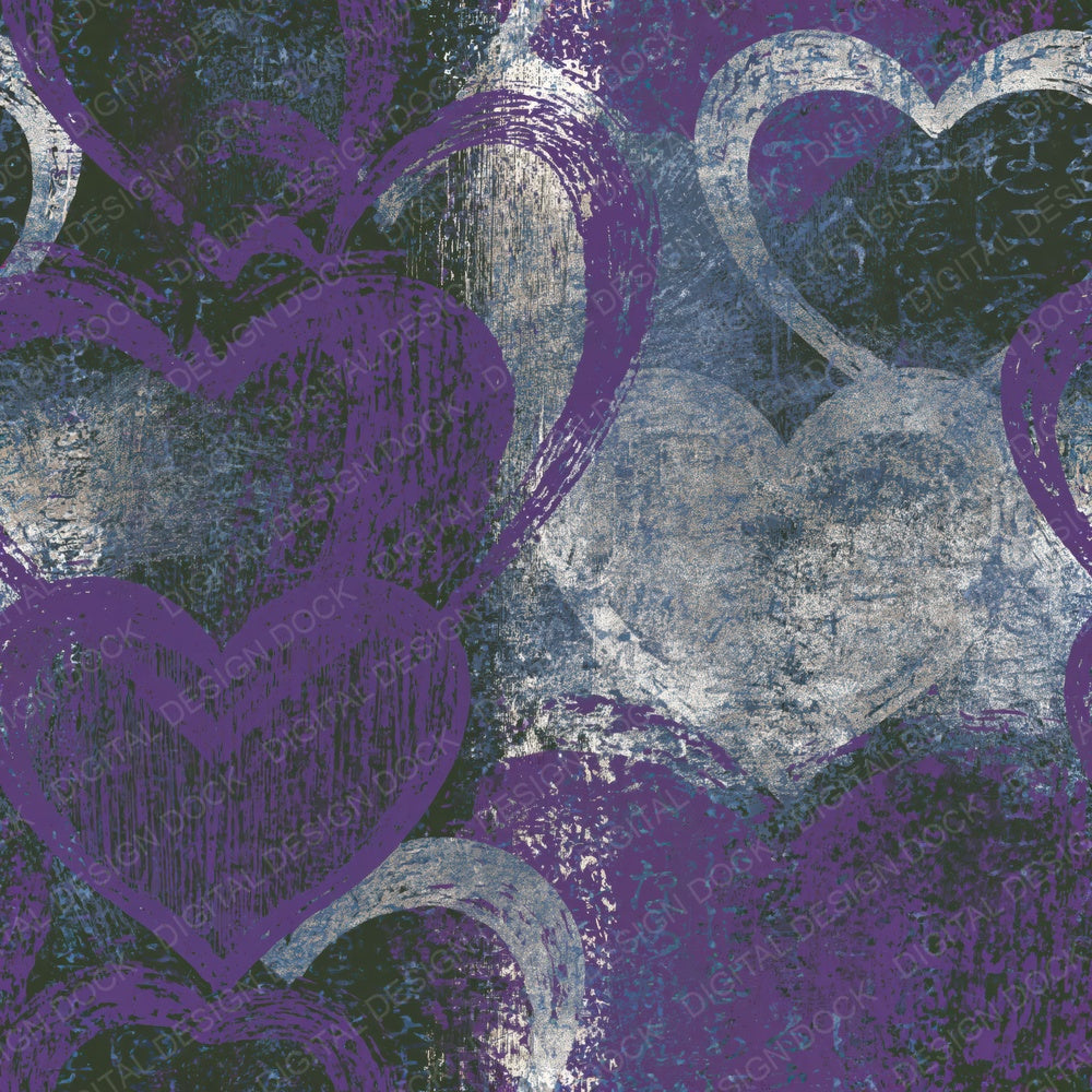 Single Woodcut Love Hearts Purple Silver Seamless digital paper shown full size