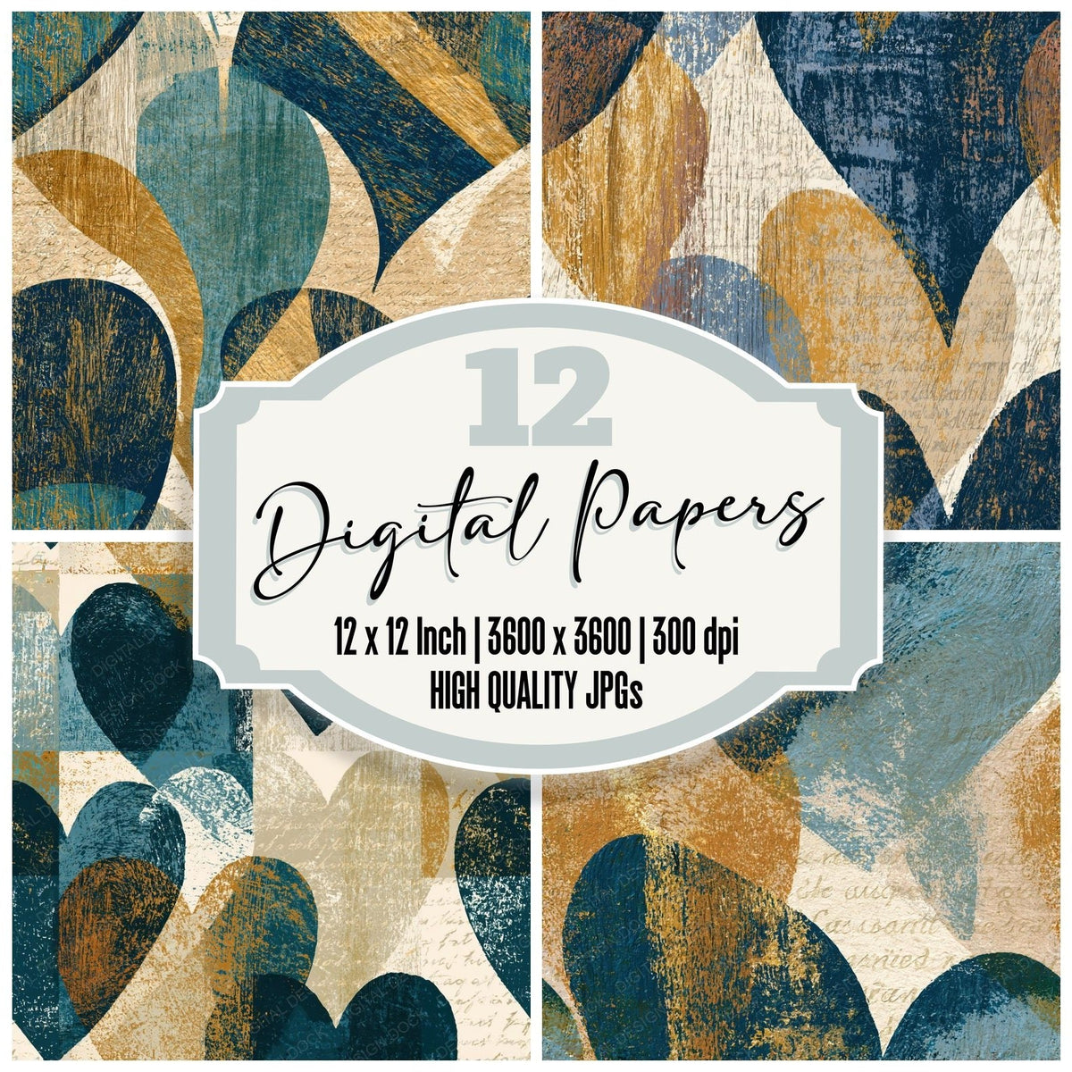 Woodcut Love Hearts Slate Sand Seamless digital paper pack cover showing four of the 12 papers