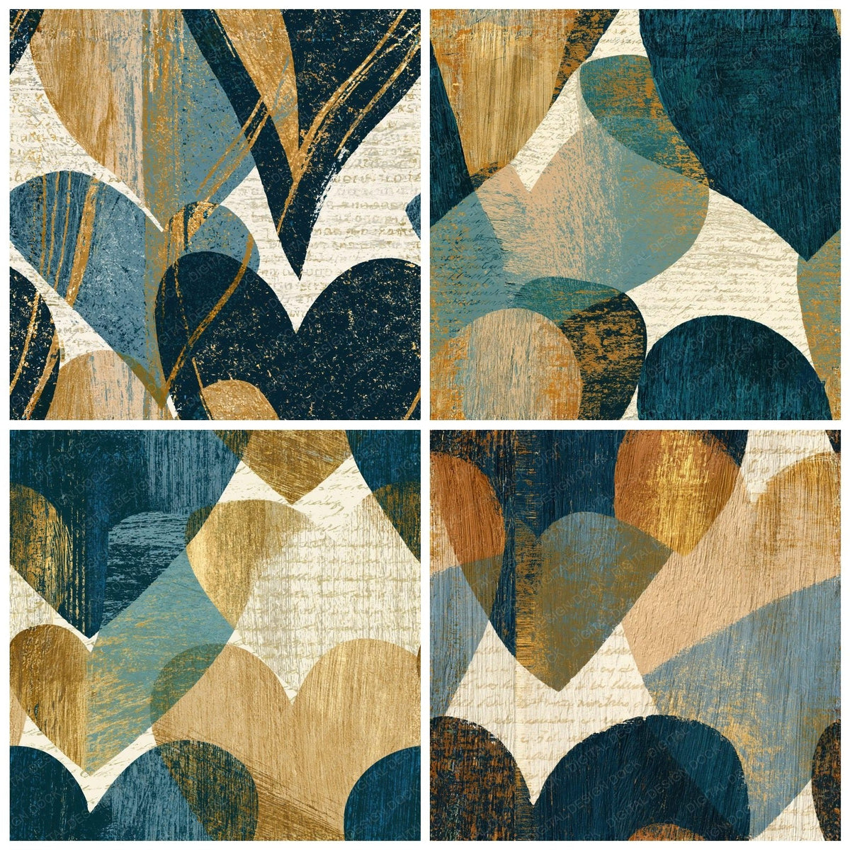 Four Woodcut Love Hearts Slate Sand Seamless digital papers from the pack shown in a grid