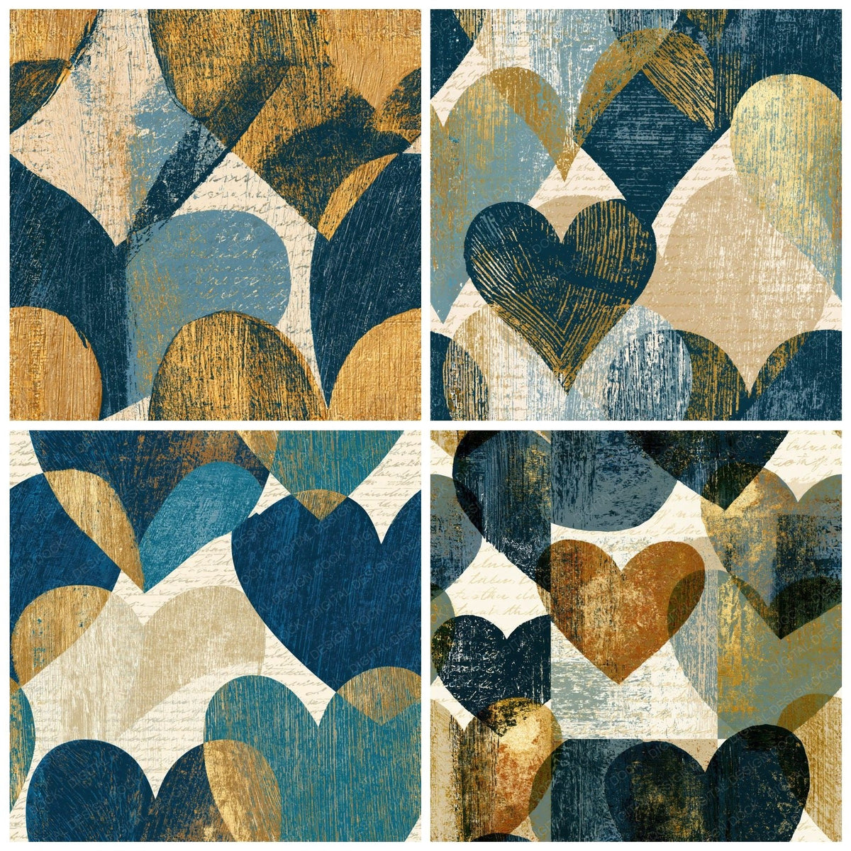 Four more Woodcut Love Hearts Slate Sand Seamless digital papers from the pack shown in a grid