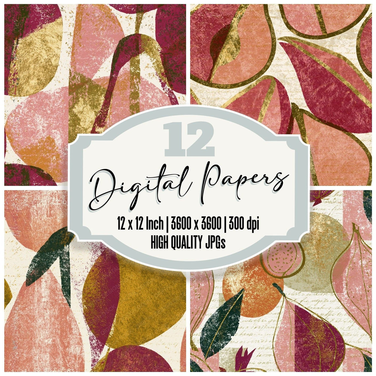Lithograph Fruit Outlines Dusty Pink Seamless digital paper pack cover showing four of the 12 papers