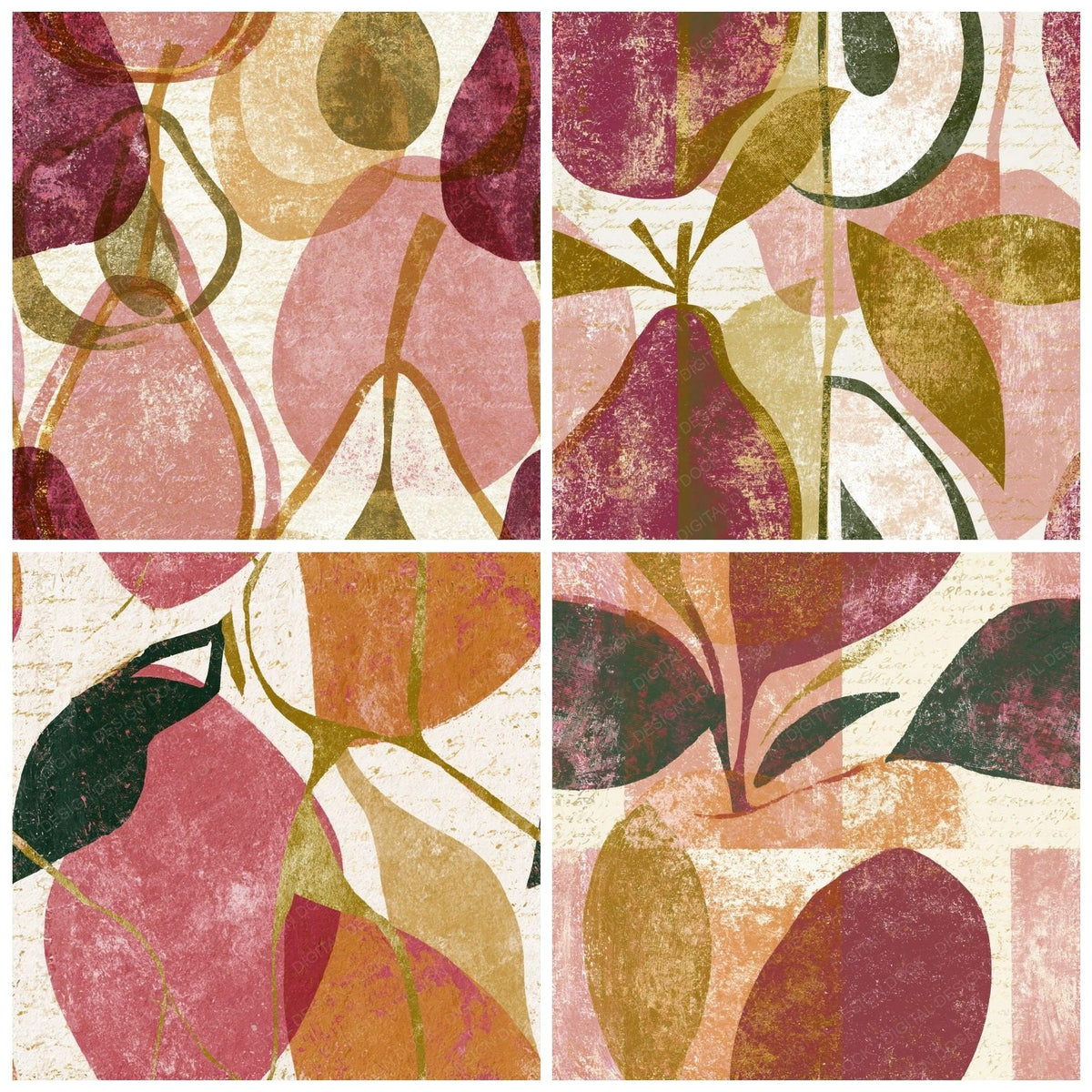 Four Lithograph Fruit Outlines Dusty Pink Seamless digital papers from the pack shown in a grid