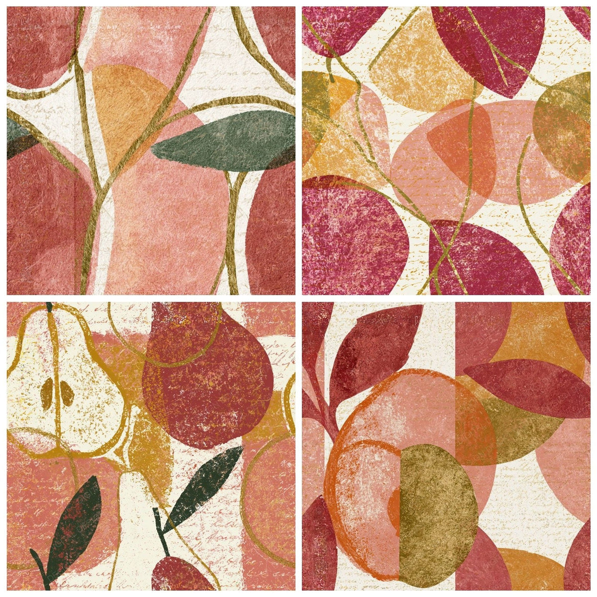 Four more Lithograph Fruit Outlines Dusty Pink Seamless digital papers from the pack shown in a grid