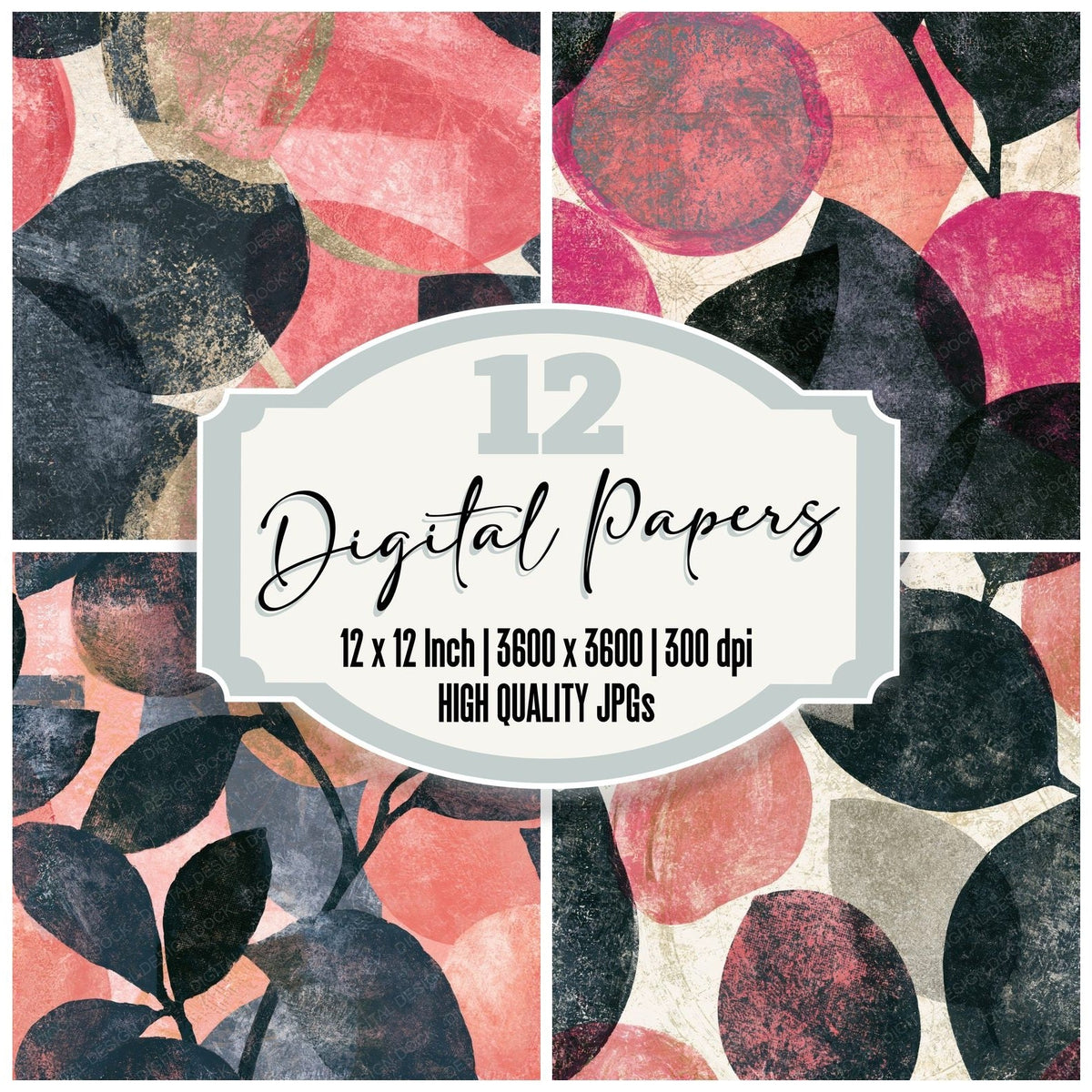 Monoprint Fruit Outlines Charcoal Rose Seamless digital paper pack cover showing four of the 12 papers