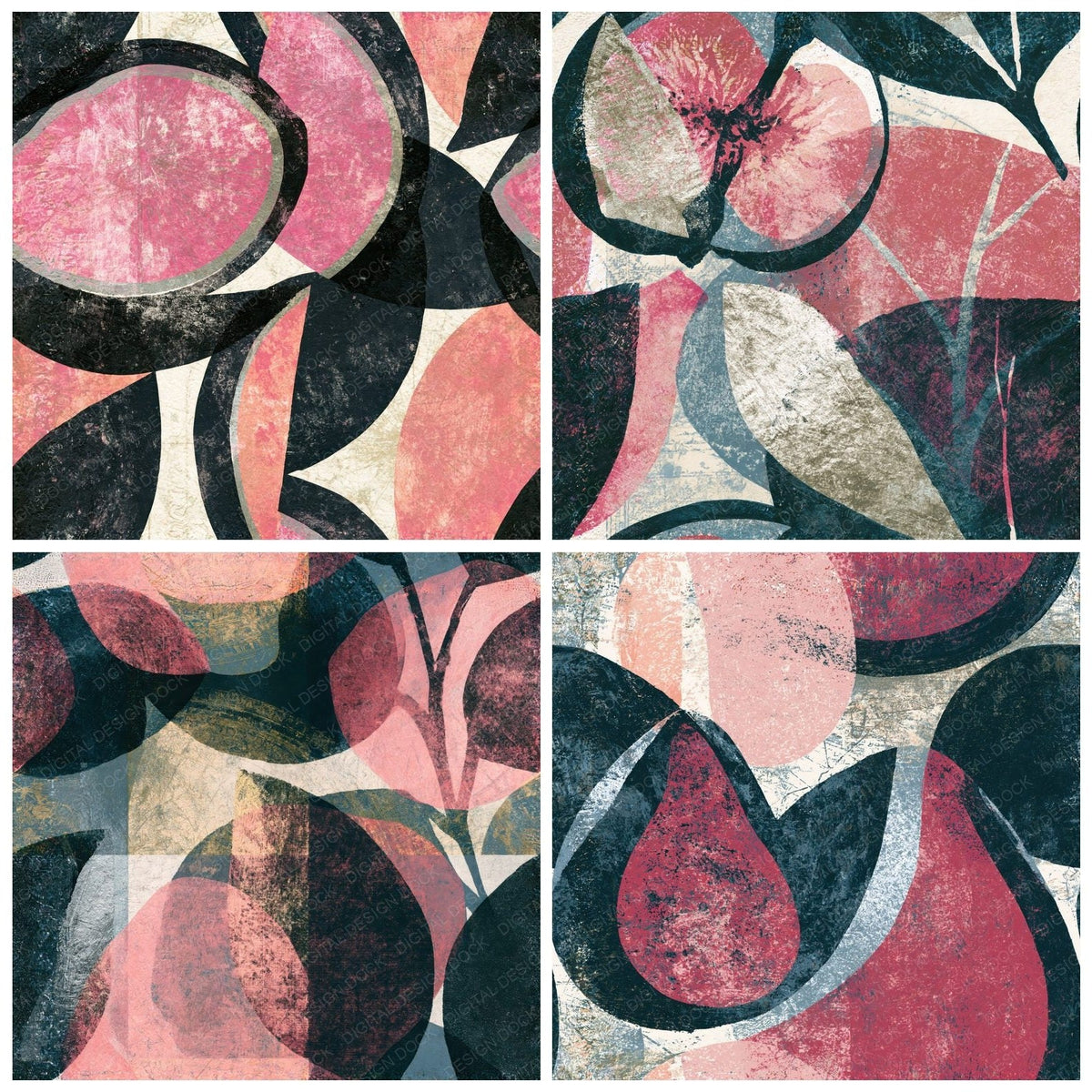 Four Monoprint Fruit Outlines Charcoal Rose Seamless digital papers from the pack shown in a grid