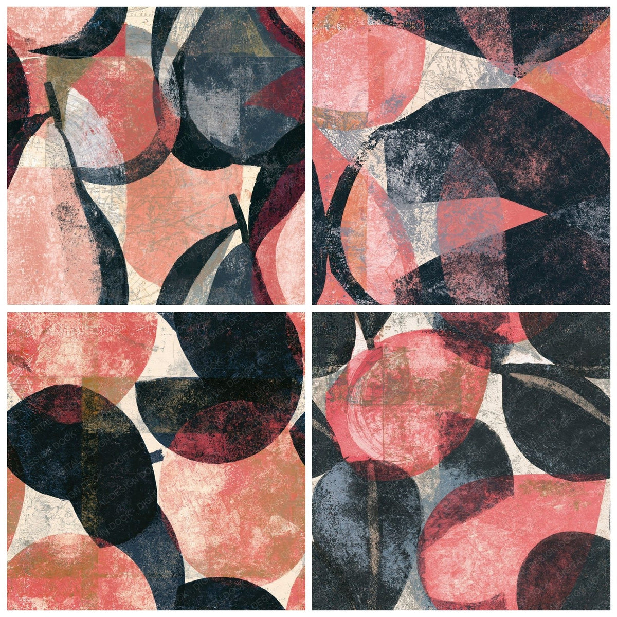 Four more Monoprint Fruit Outlines Charcoal Rose Seamless digital papers from the pack shown in a grid