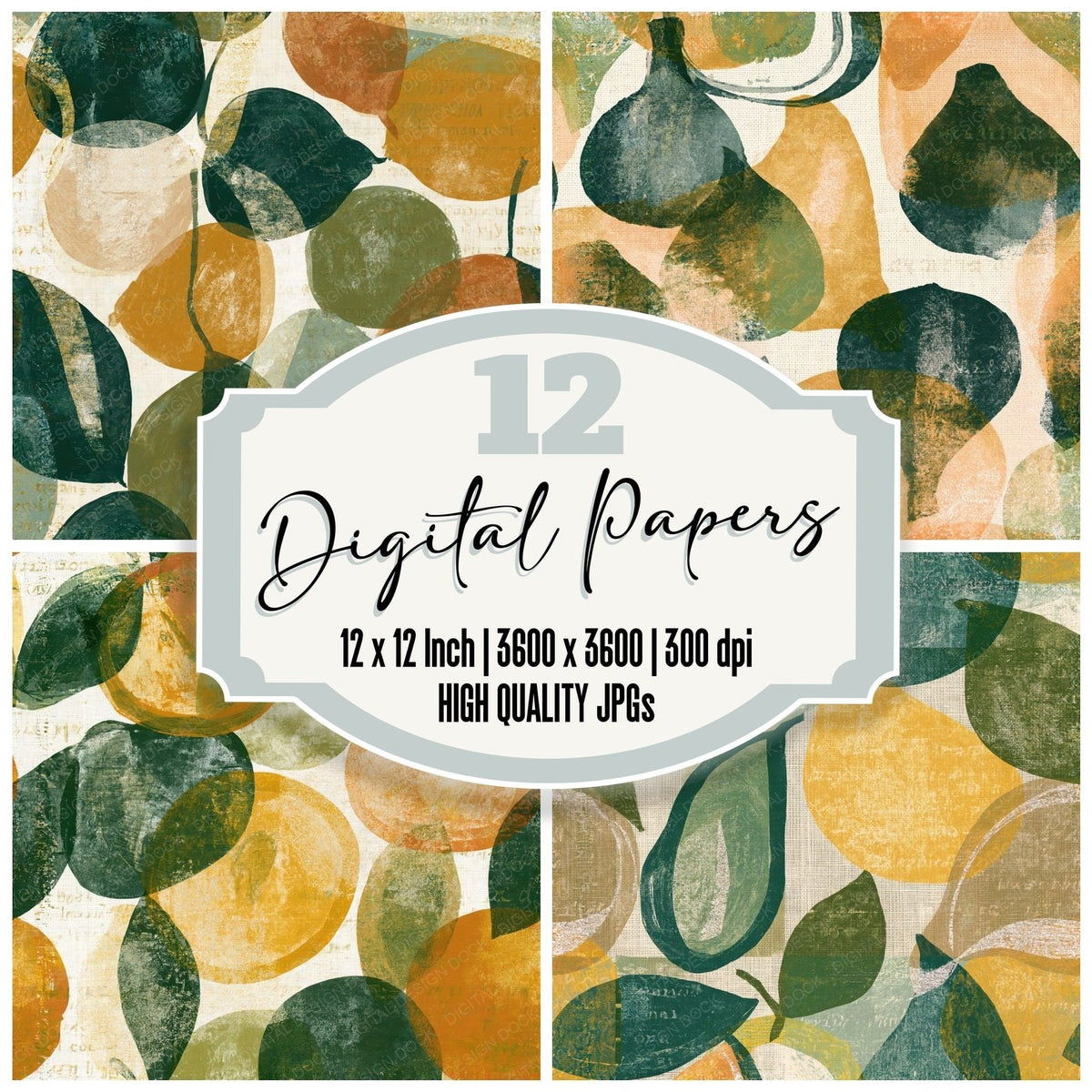Monoprint Fruit Outlines Fern Soil Seamless digital paper pack cover showing four of the 12 papers