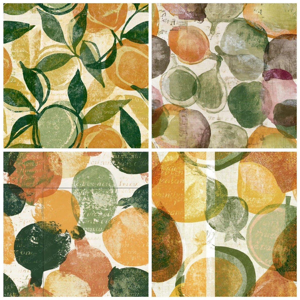 Four Monoprint Fruit Outlines Fern Soil Seamless digital papers from the pack shown in a grid