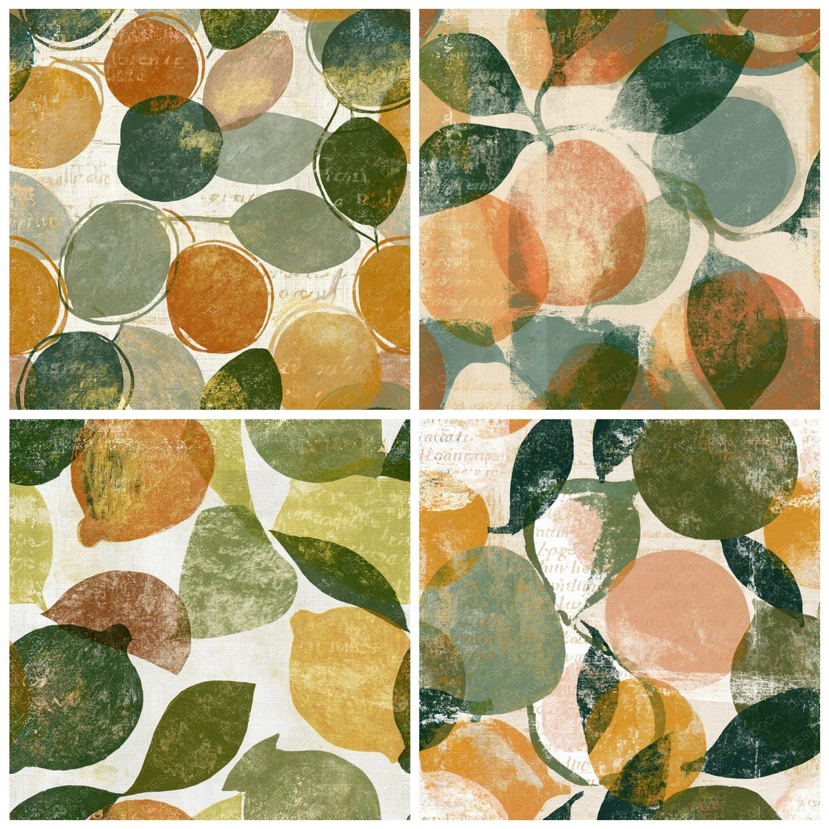Four more Monoprint Fruit Outlines Fern Soil Seamless digital papers from the pack shown in a grid
