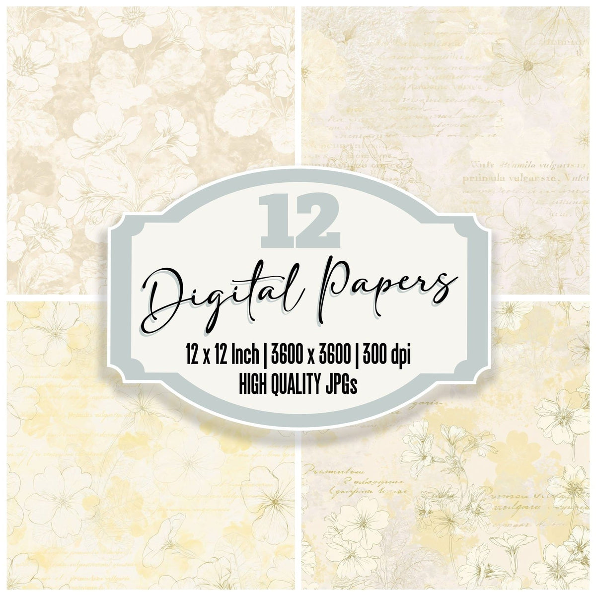 Primrose Flower Spring Cream Primrose Yellow Bone digital paper pack cover showing four of the 12 papers