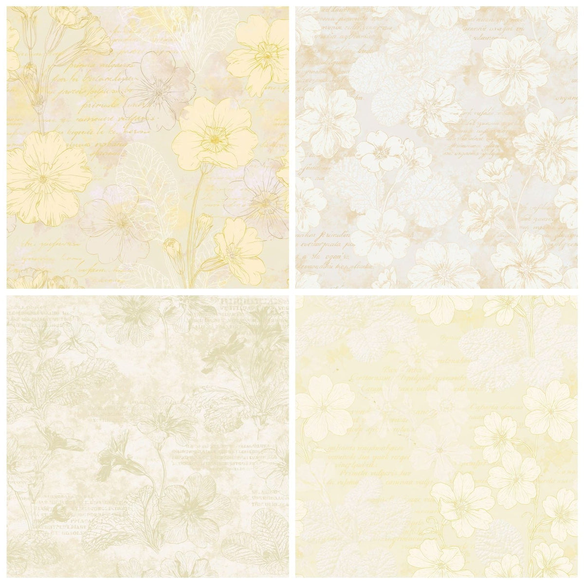 Four Primrose Flower Spring Cream Primrose Yellow Bone digital papers from the pack shown in a grid