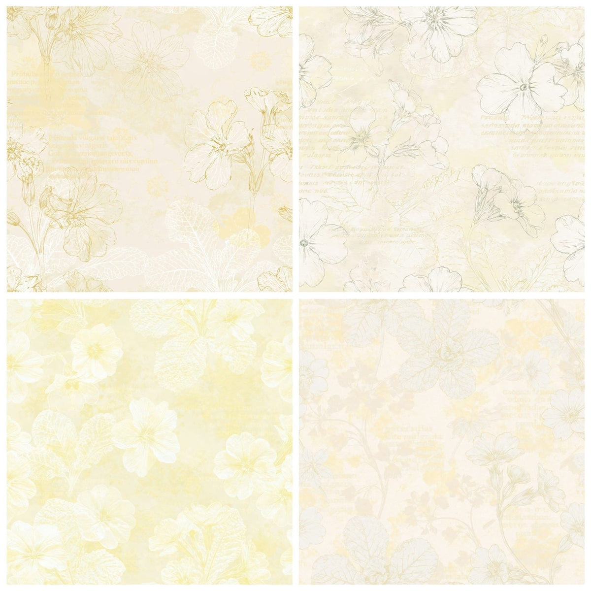 Four more Primrose Flower Spring Cream Primrose Yellow Bone digital papers from the pack shown in a grid