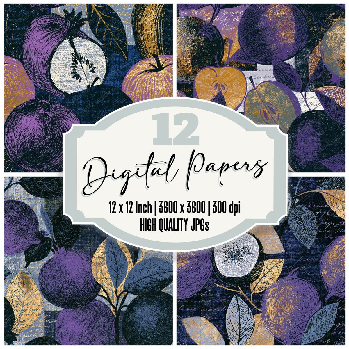 Scratchboard Fruit Outlines Grey Violet Seamless digital paper pack cover showing four of the 12 papers