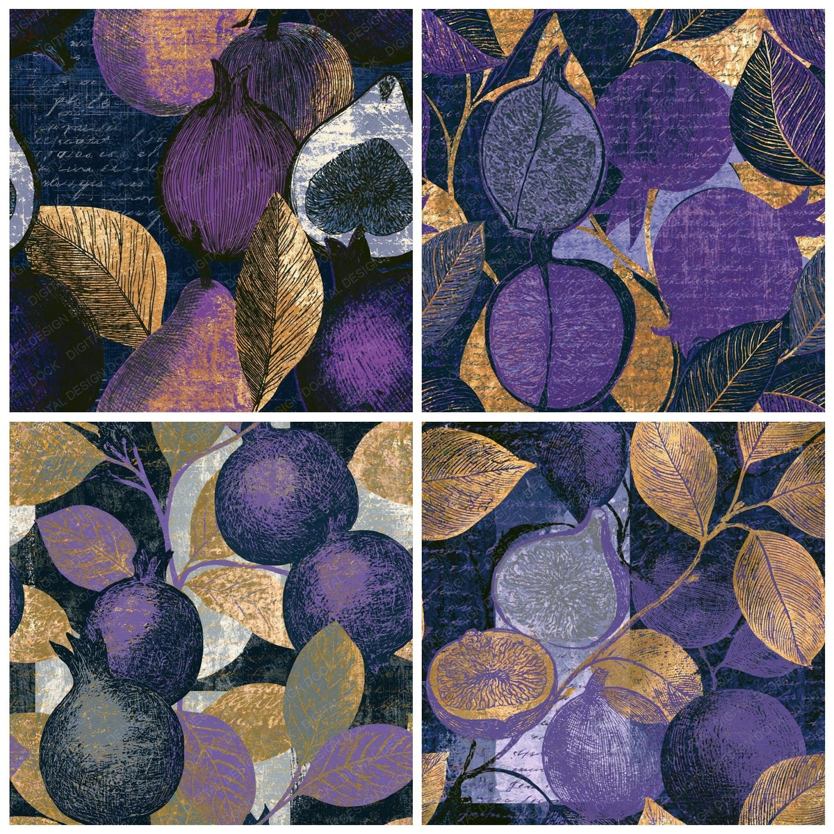 Four Scratchboard Fruit Outlines Grey Violet Seamless digital papers from the pack shown in a grid