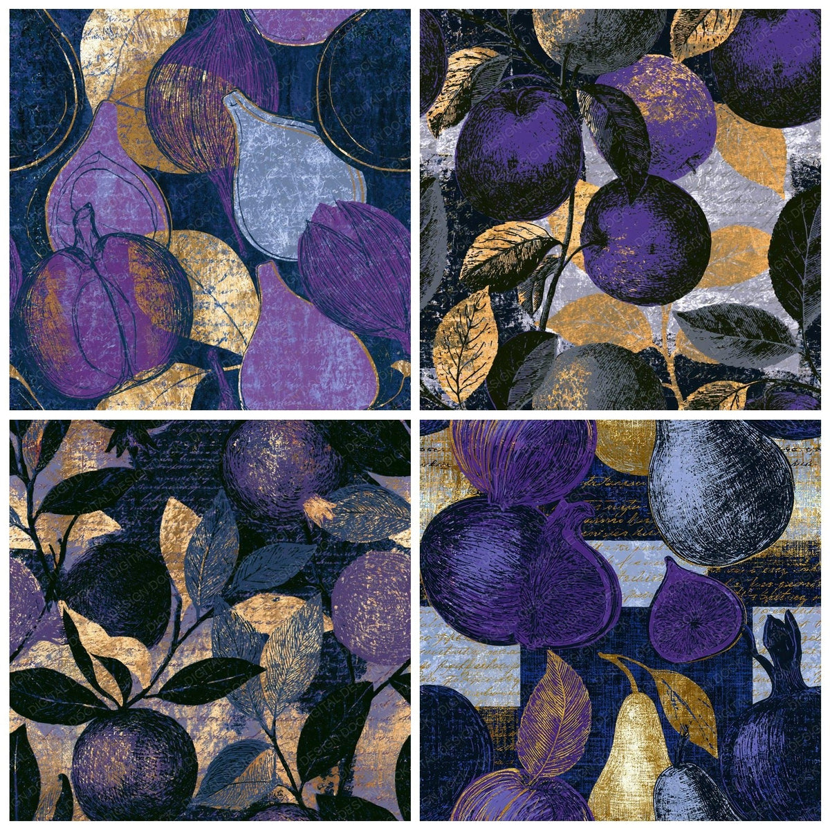 Four more Scratchboard Fruit Outlines Grey Violet Seamless digital papers from the pack shown in a grid