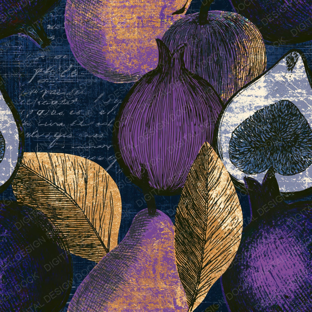 Single Scratchboard Fruit Outlines Grey Violet Seamless digital paper shown full size