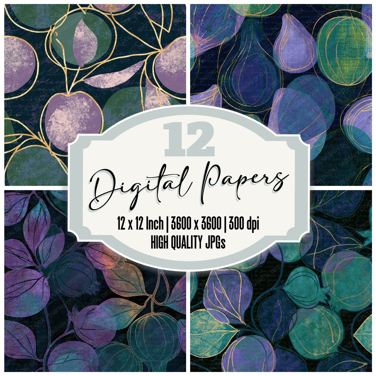 Screenprint Fruit Outlines Aurora Lilac Seamless digital paper pack cover showing four of the 12 papers