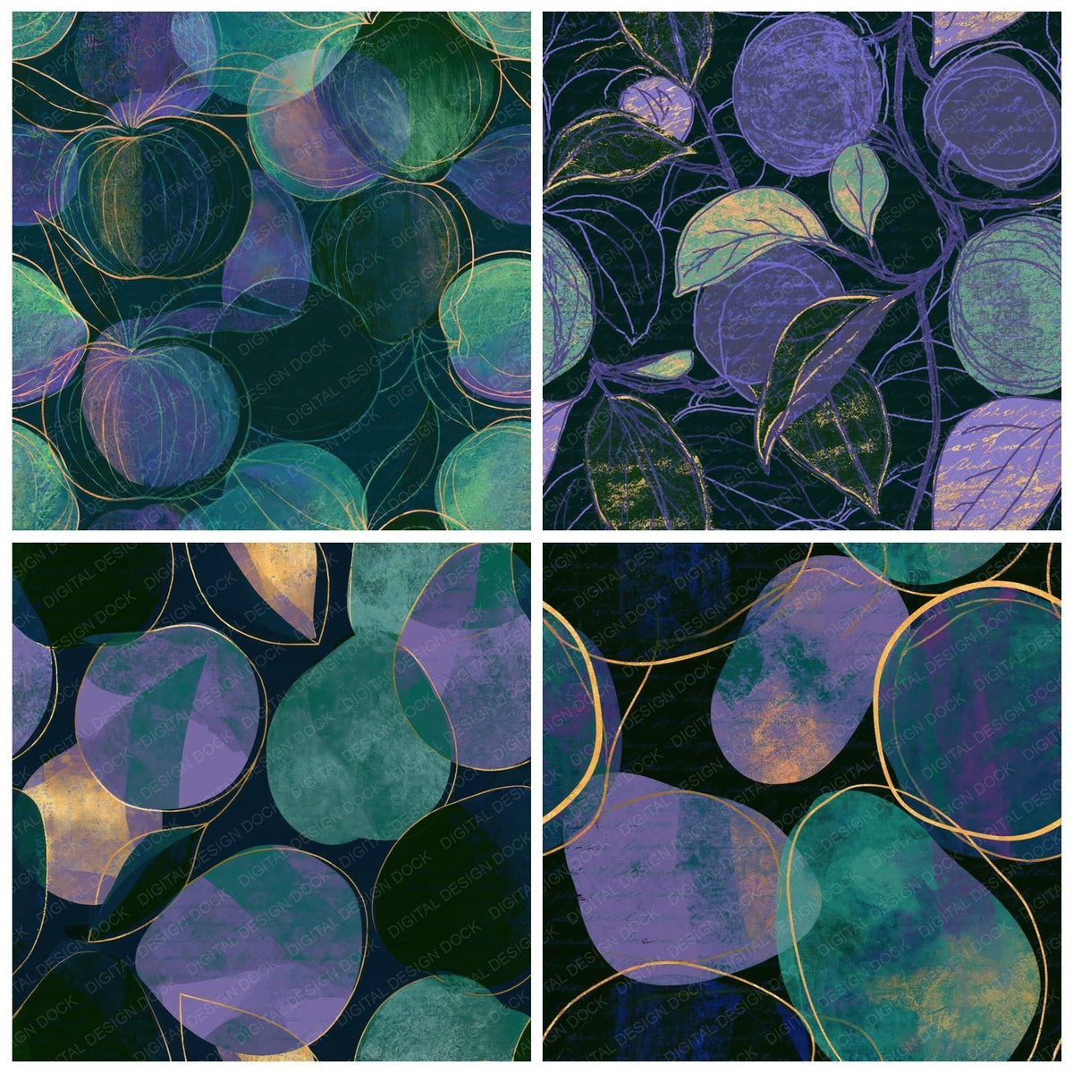 Four Screenprint Fruit Outlines Aurora Lilac Seamless digital papers from the pack shown in a grid