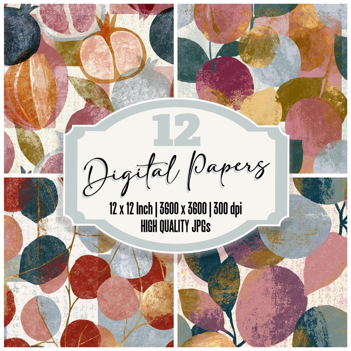 Screenprint Fruit Outlines Silver Rose Seamless digital paper pack cover showing four of the 12 papers