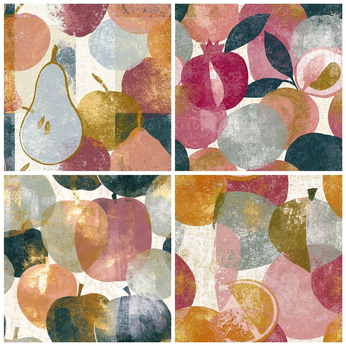 Four Screenprint Fruit Outlines Silver Rose Seamless digital papers from the pack shown in a grid