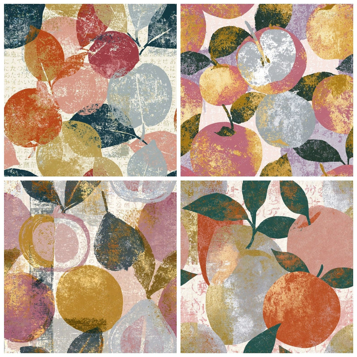 Four more Screenprint Fruit Outlines Silver Rose Seamless digital papers from the pack shown in a grid