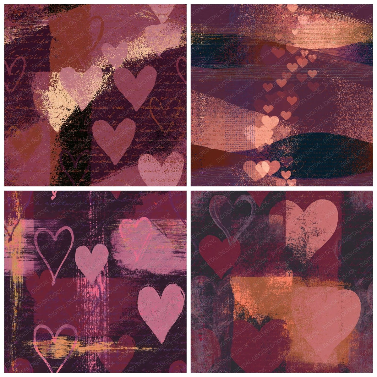 Four Screenprint Love Hearts Rose Aubergine Seamless digital papers from the pack shown in a grid