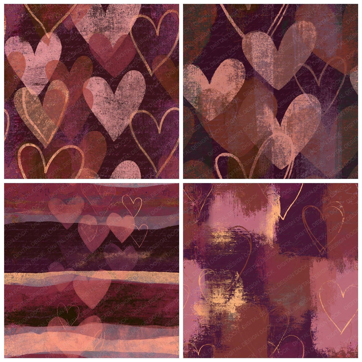 Four more Screenprint Love Hearts Rose Aubergine Seamless digital papers from the pack shown in a grid