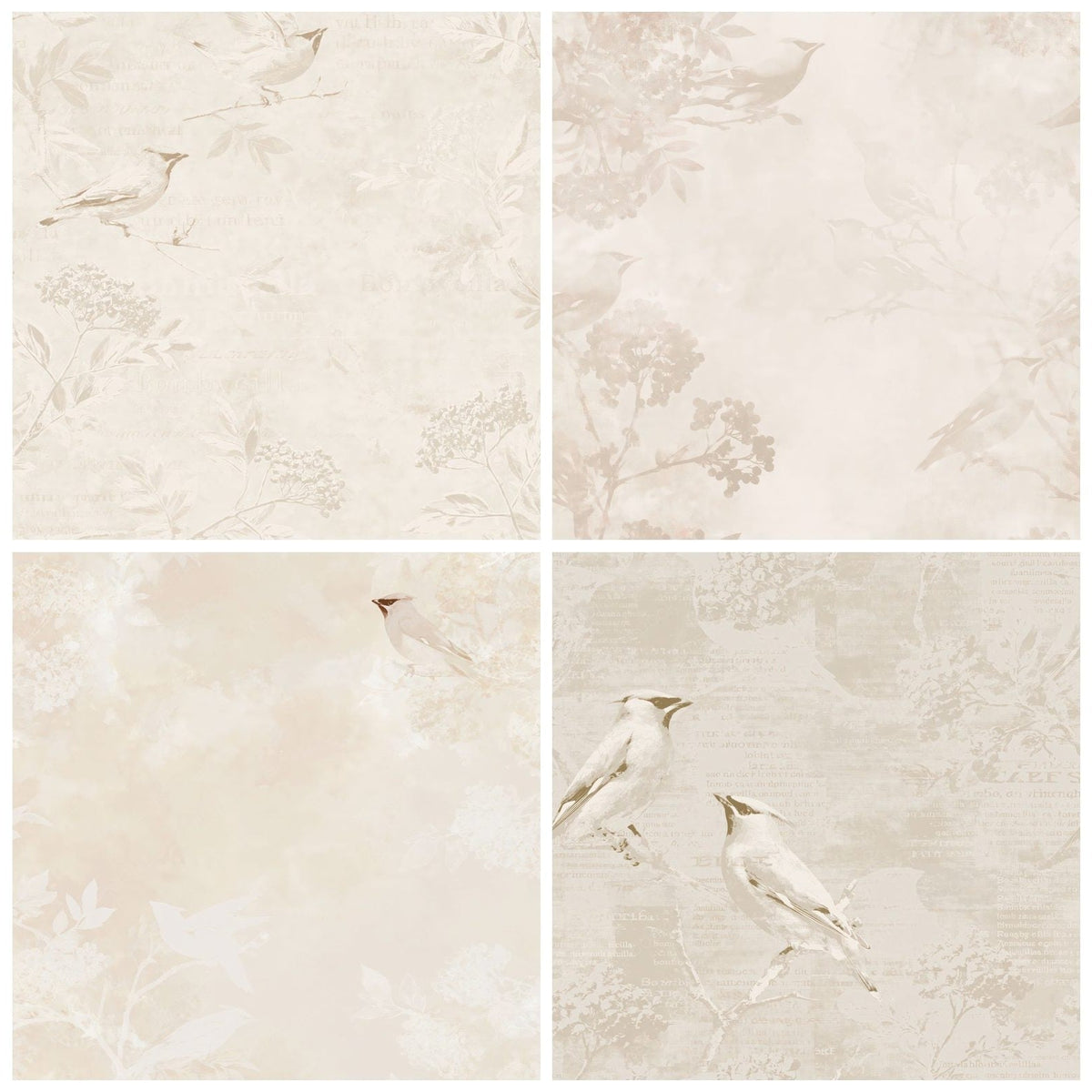 Four Waxwing Bird Winter Cream Cinnamon Crest Bone digital papers from the pack shown in a grid