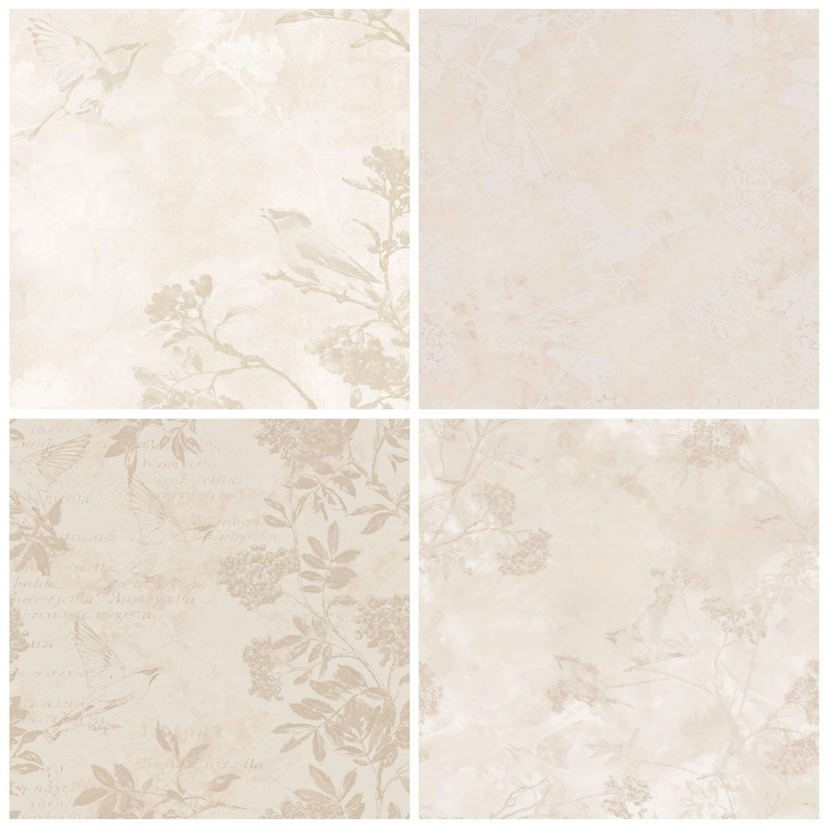 Four more Waxwing Bird Winter Cream Cinnamon Crest Bone digital papers from the pack shown in a grid