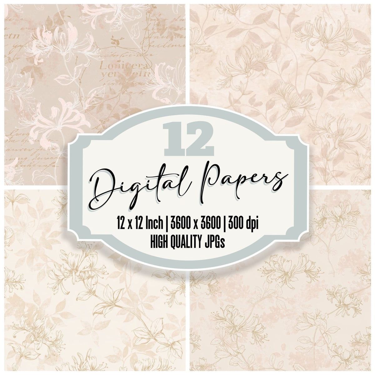 Wild Honeysuckle Flower Hedge Cream Honey Pink Bone digital paper pack cover showing four of the 12 papers