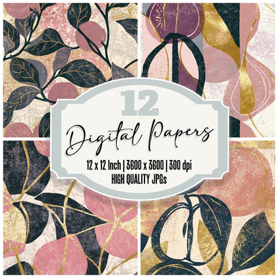 Woodblock Fruit Outlines Charcoal Rose Seamless digital paper pack cover showing four of the 12 papers