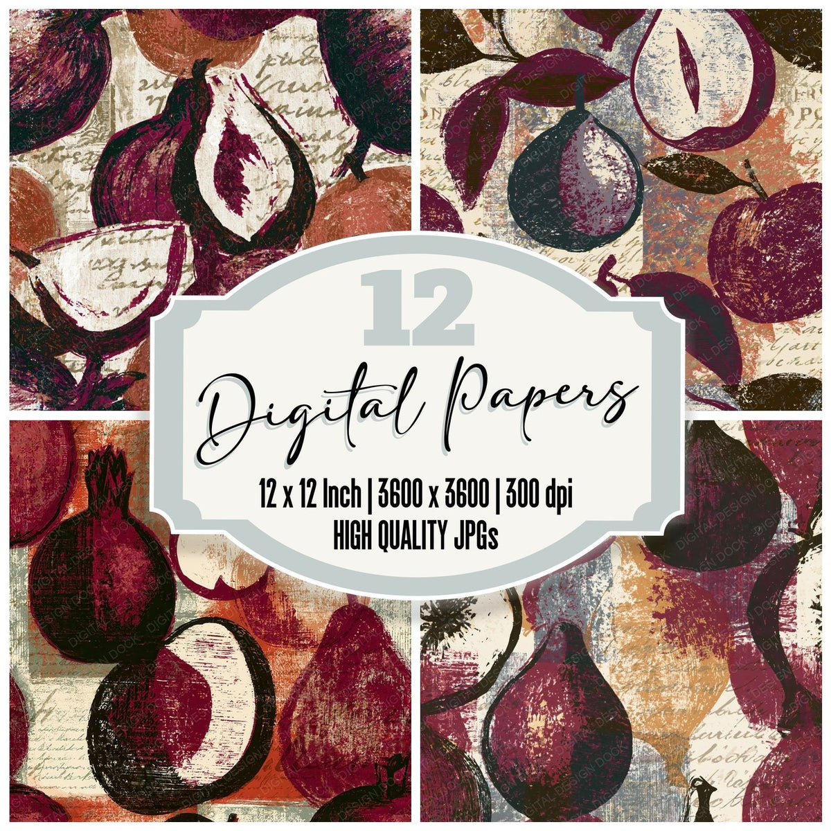 Woodcut Fruit Outlines Burgundy Chocolate Seamless digital paper pack cover showing four of the 12 papers