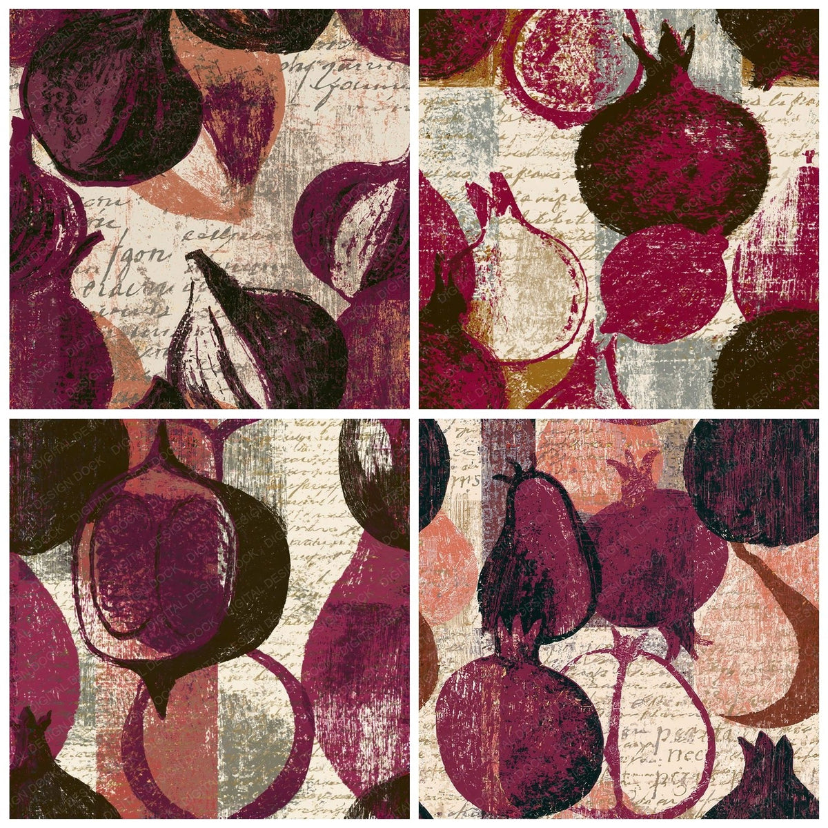 Four Woodcut Fruit Outlines Burgundy Chocolate Seamless digital papers from the pack shown in a grid