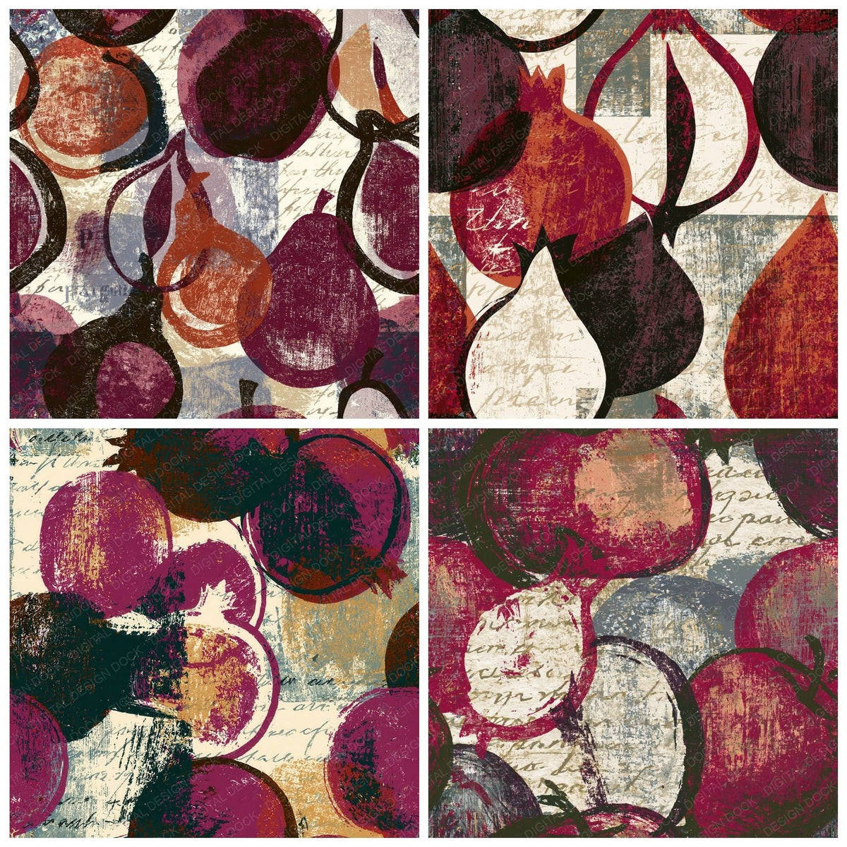 Four more Woodcut Fruit Outlines Burgundy Chocolate Seamless digital papers from the pack shown in a grid