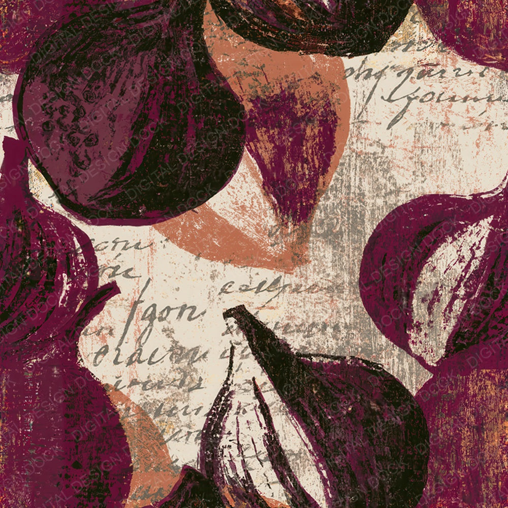 Single Woodcut Fruit Outlines Burgundy Chocolate Seamless digital paper shown full size