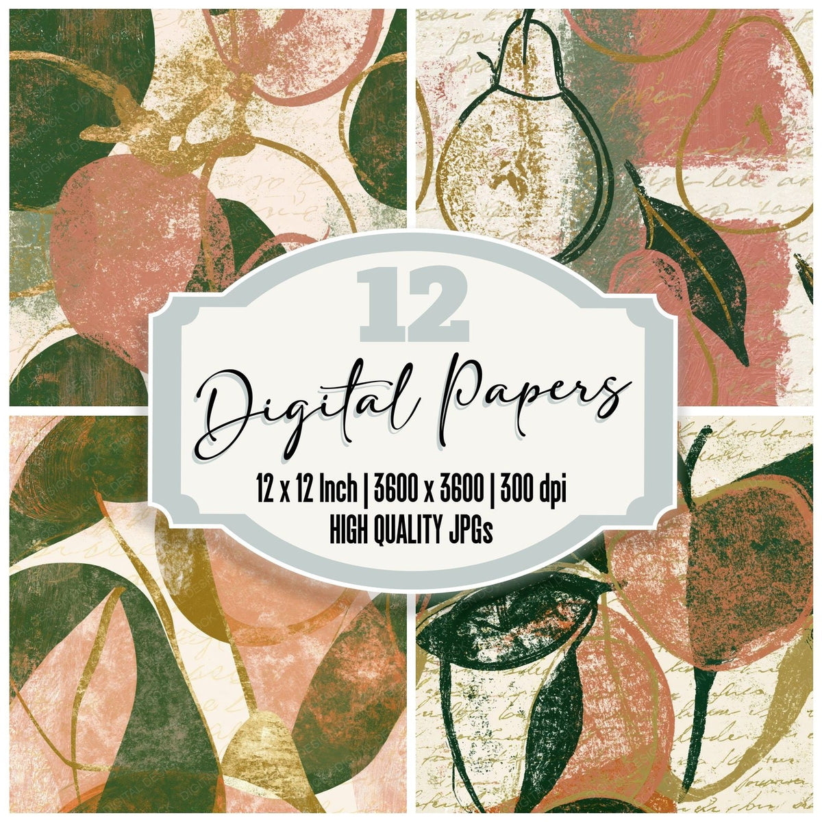 Woodcut Fruit Outlines Rose Gold Moss Seamless digital paper pack cover showing four of the 12 papers