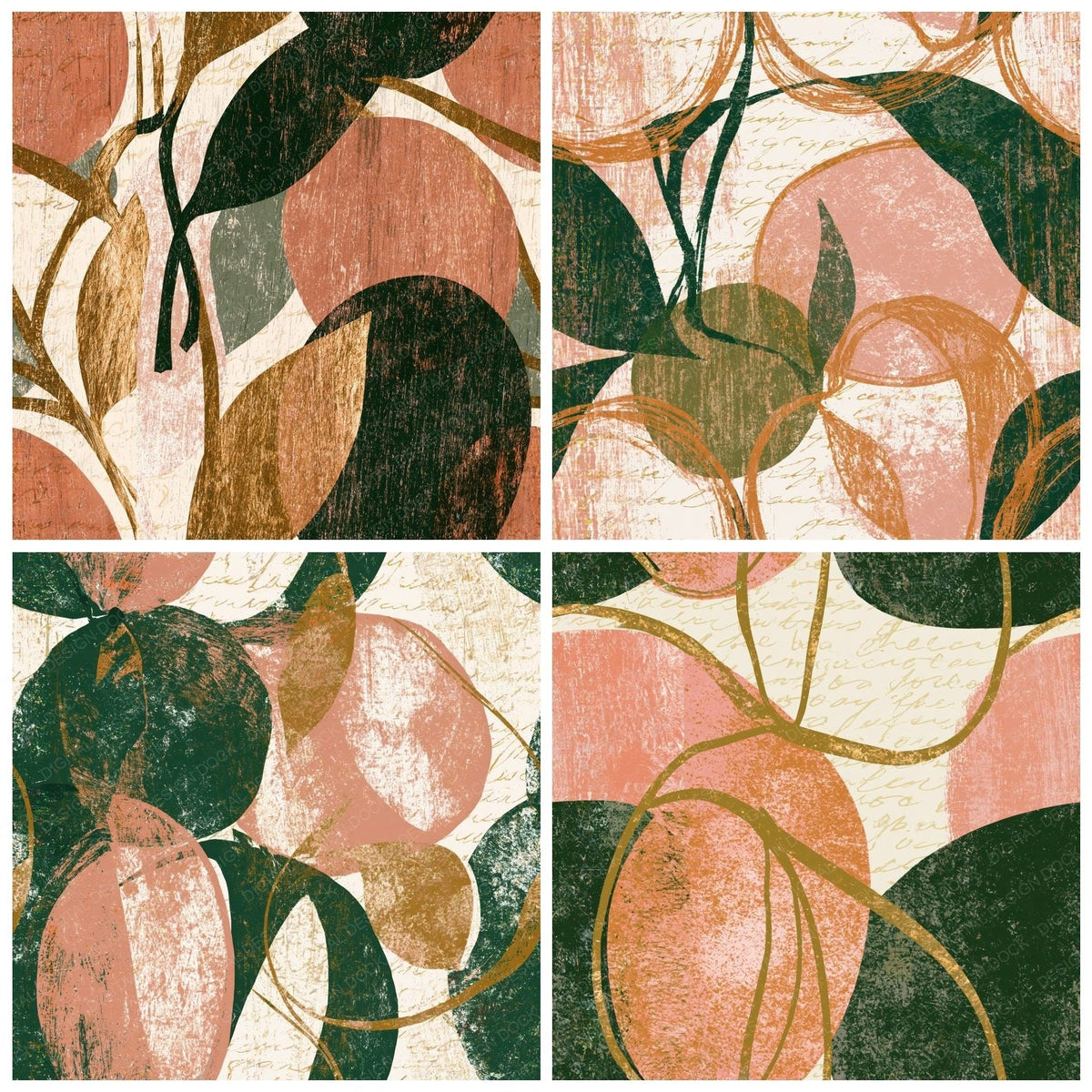 Four Woodcut Fruit Outlines Rose Gold Moss Seamless digital papers from the pack shown in a grid