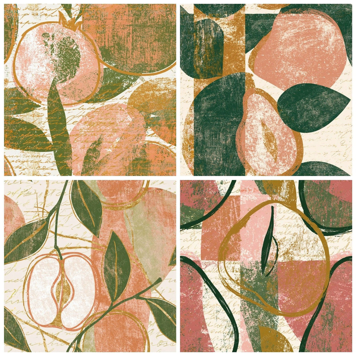 Four more Woodcut Fruit Outlines Rose Gold Moss Seamless digital papers from the pack shown in a grid