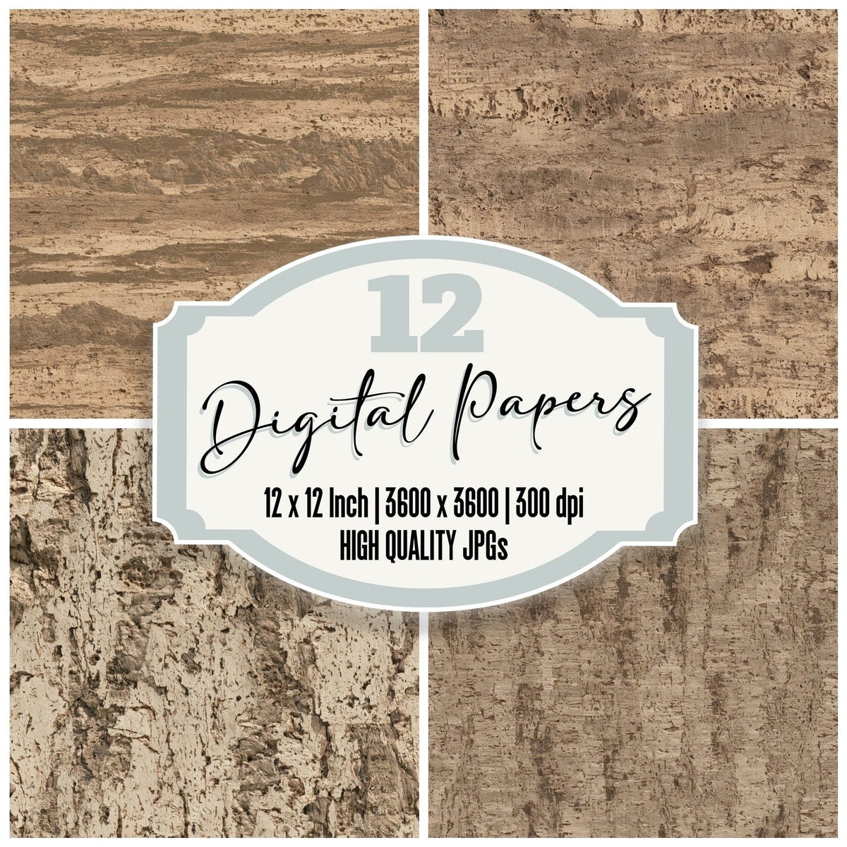 Aged Cork Bark Cork Cream Aged Tawny Walnut digital paper pack cover showing four of the 12 papers