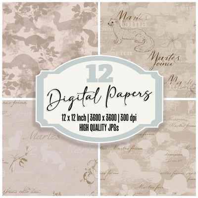 Beech Marten Mammal Woodland Cream Chestnut Coat Bone digital paper pack cover showing four of the 12 papers