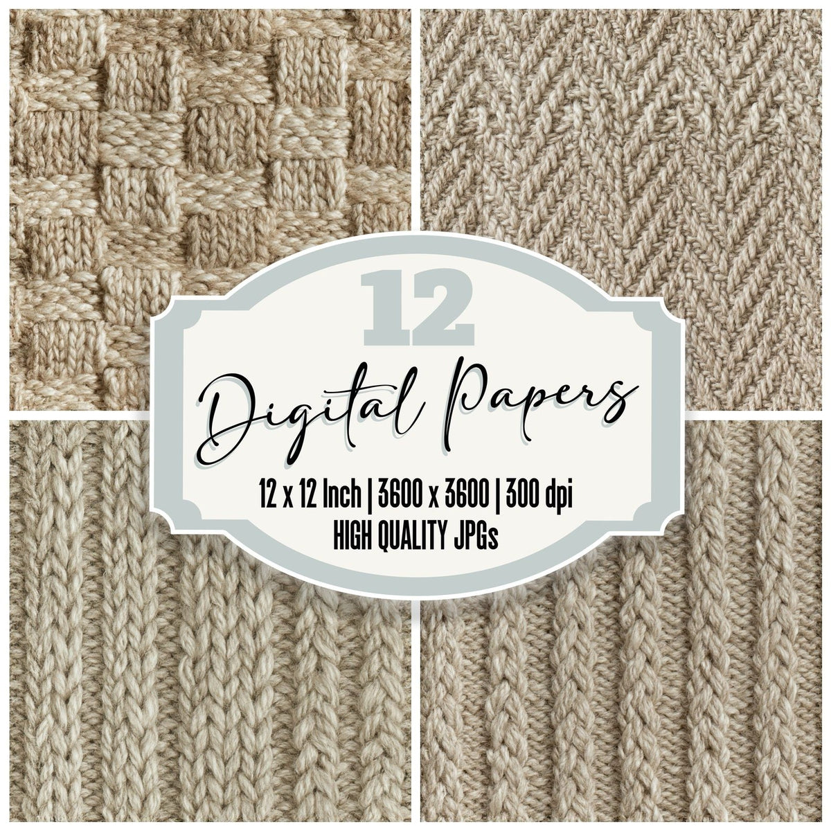Lambswool Weave Lambswool Cream Aged Oatmeal Ecru Seamless digital paper pack cover showing four of the 12 papers