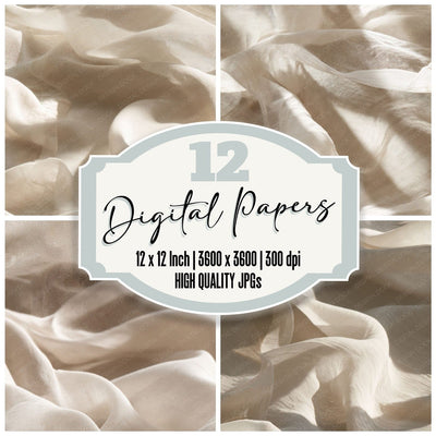 Muslin Fine Weave Muslin Cream Pearl Bone Seamless digital paper pack cover showing four of the 12 papers