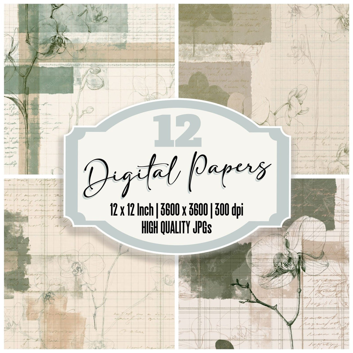 Pattern Studio Butterfly Orchid Cream Orchid Green Meadow Tan digital paper pack cover showing four of the 12 papers