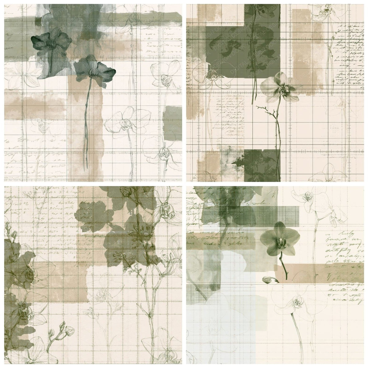 Four Pattern Studio Butterfly Orchid Cream Orchid Green Meadow Tan digital papers from the pack shown in a grid